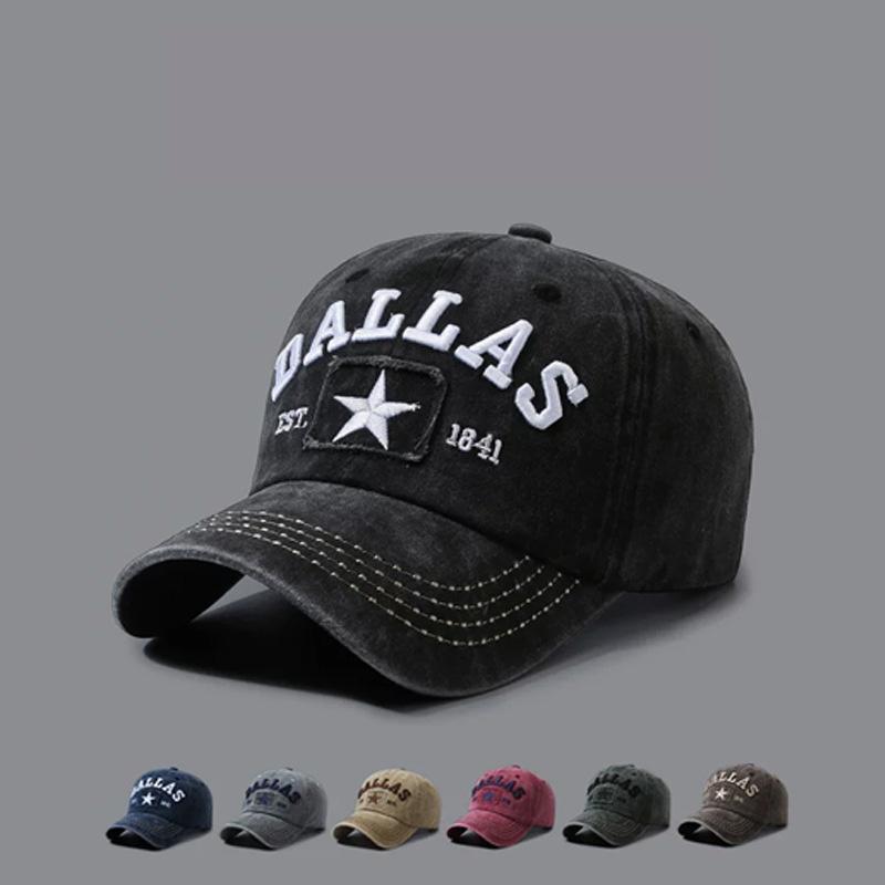 Vintage Washed Denim 6 Panel Star Frayed Patch Embroidery Curved Brim Adjustable Casual Baseball Cap