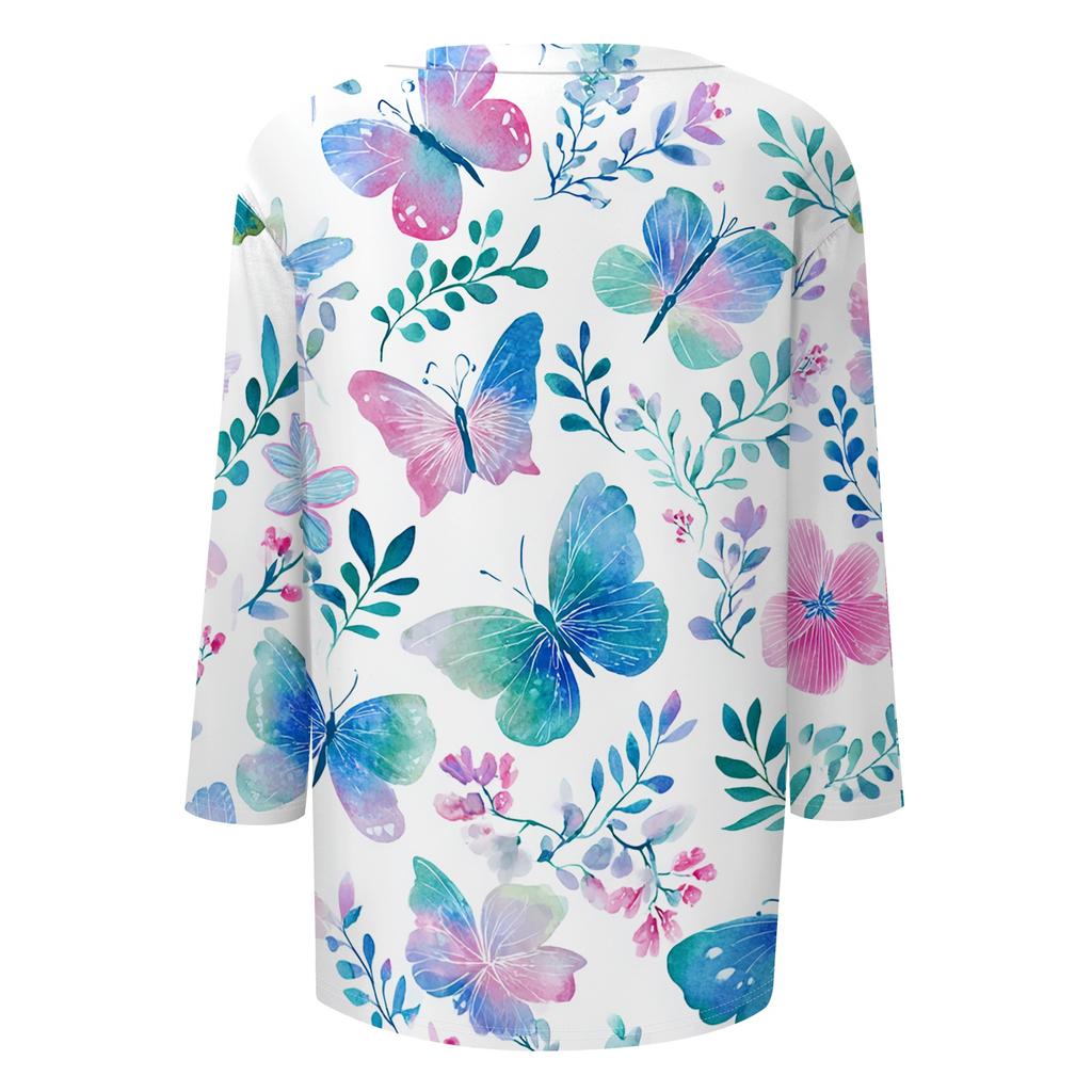 Women Casual Round Neck Three Quarter Sleeve Floral Print T Shirt Top Lightweight Soft Fabric Comfortable Fit Spring Summer Wear