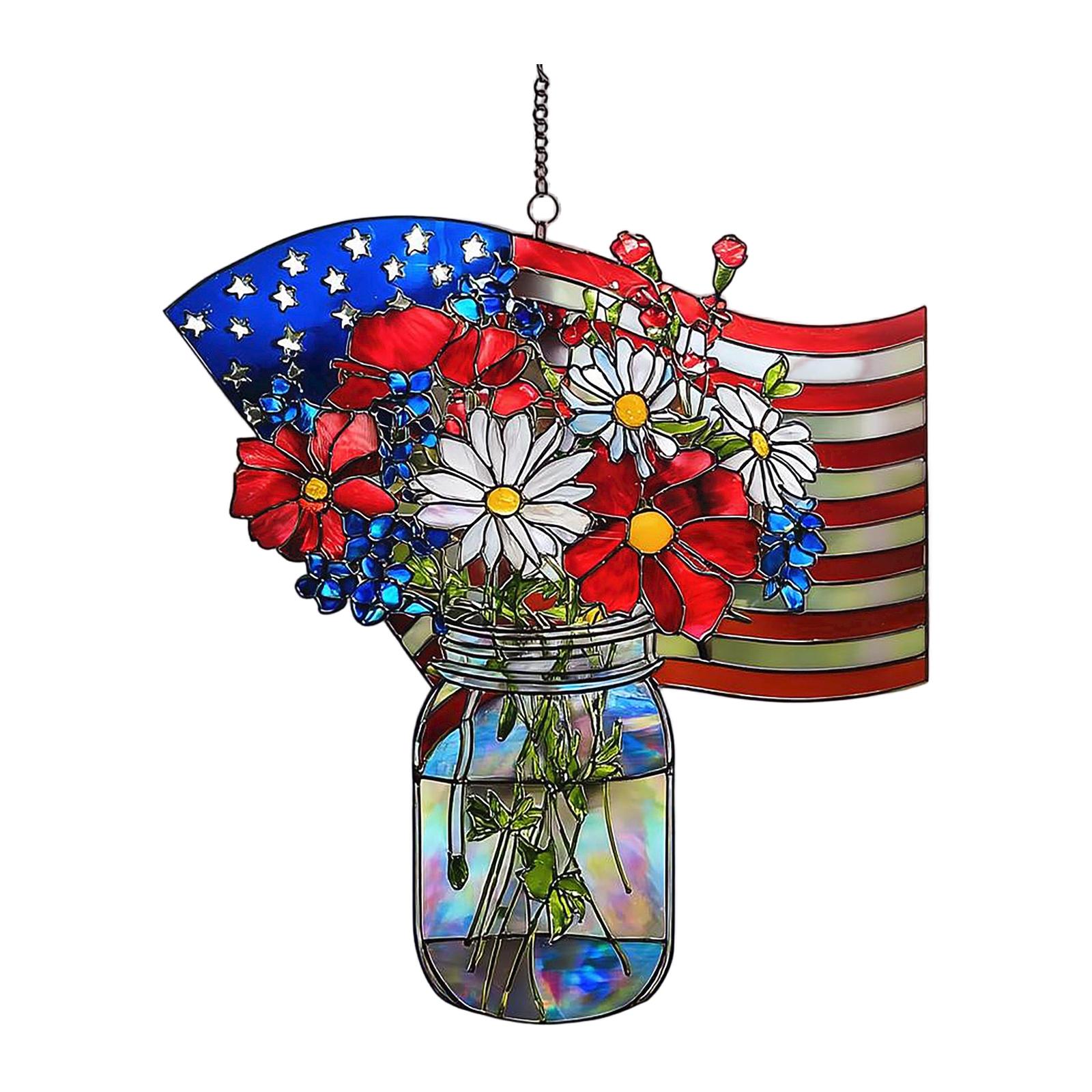 

American 0th Anniversary Stained Glass Acrylic Suncatcher, Patriotic Flower Vase Window Hanging Decor One Size