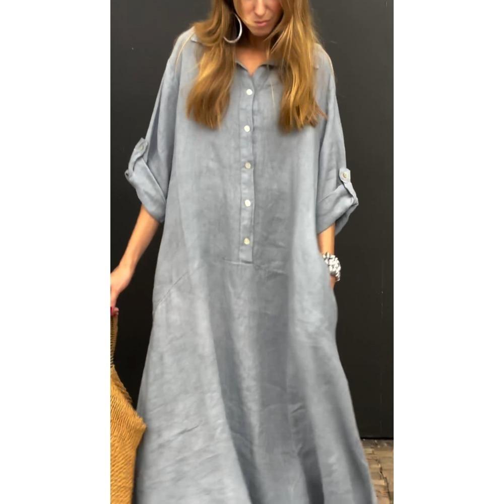 Women's Cotton Linen Turn-down Collar Solid Pullover Straight Knee Length Pockets Casual Dress