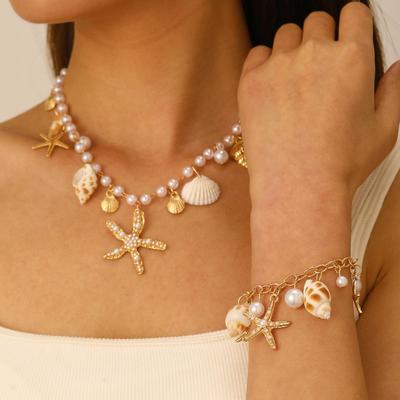 Böhmisches Sommer Seestern Muschel Perlen Halskette & Armband Set