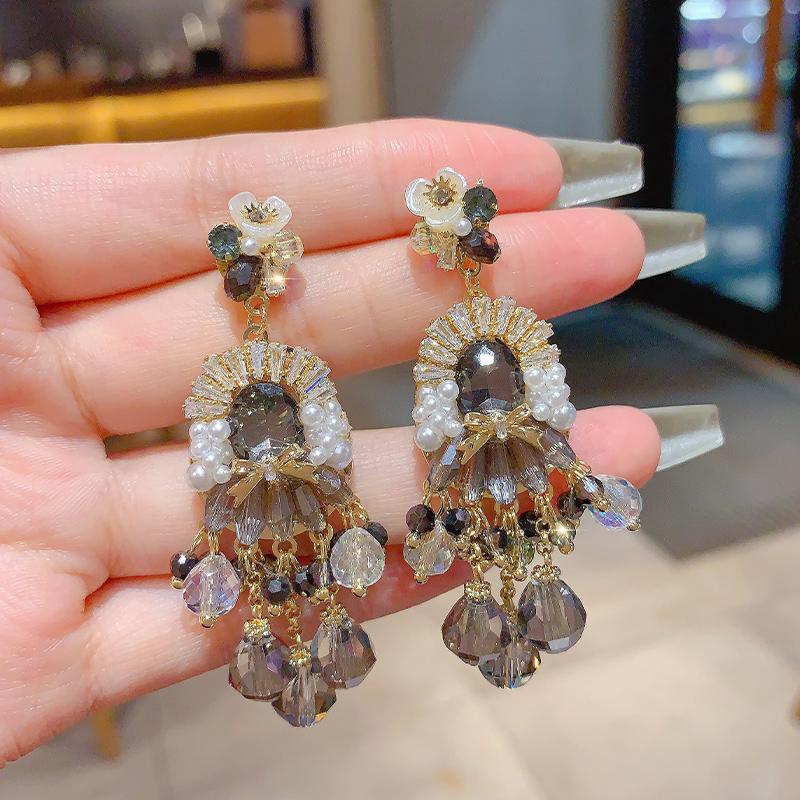 Zircon Pearl Glass Pendant Earrings Retro Light Luxury Exquisite Earrings Temperament Fashion High Sense Earrings Women