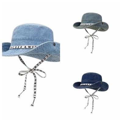 Wide Brim Canvas Fisherman Hat Letter Western Cowboy Hat Travel Denim Bucket Hat  Male