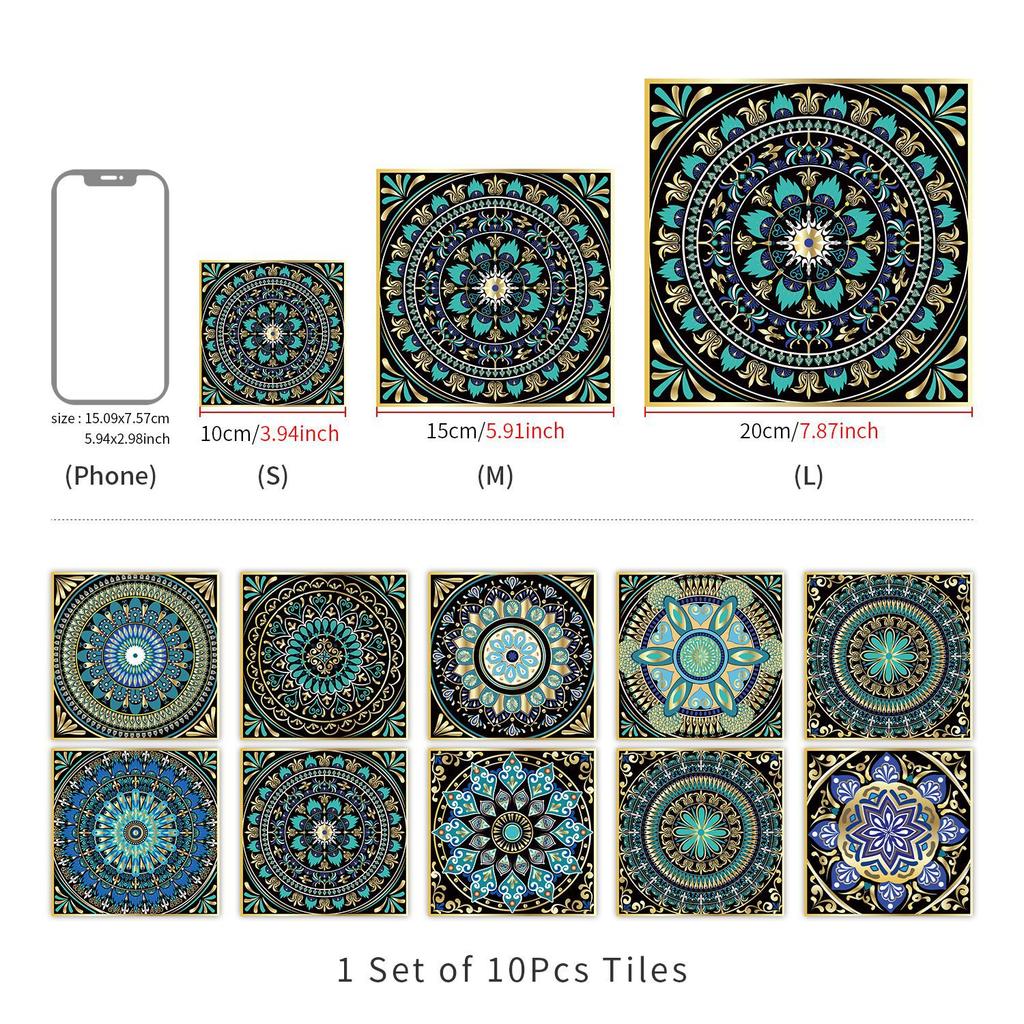 10 Pieces Of Mandala Flower Brick Self-Adhesive Wall Sticker Waterproof Oil-Proof Kitchen Living Room Wall Decoration European Crystal Tile Sticker