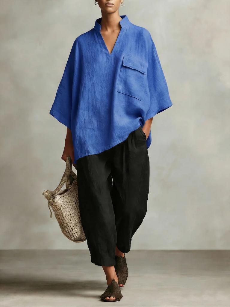 Women Loose V Neck Short Sleeve Cotton Linen Summer Shirt