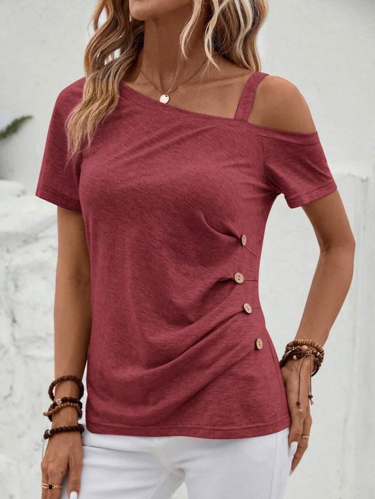 Women's Sexy Off-Shoulder One-Shoulder Solid Color Short Sleeve Top