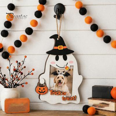 Solid Wood Photo Ornament Halloween Cute Ghost Wooden Frame with Hanging Rope, Creative Shaped Holiday Picture for Party Decor And Home Wall