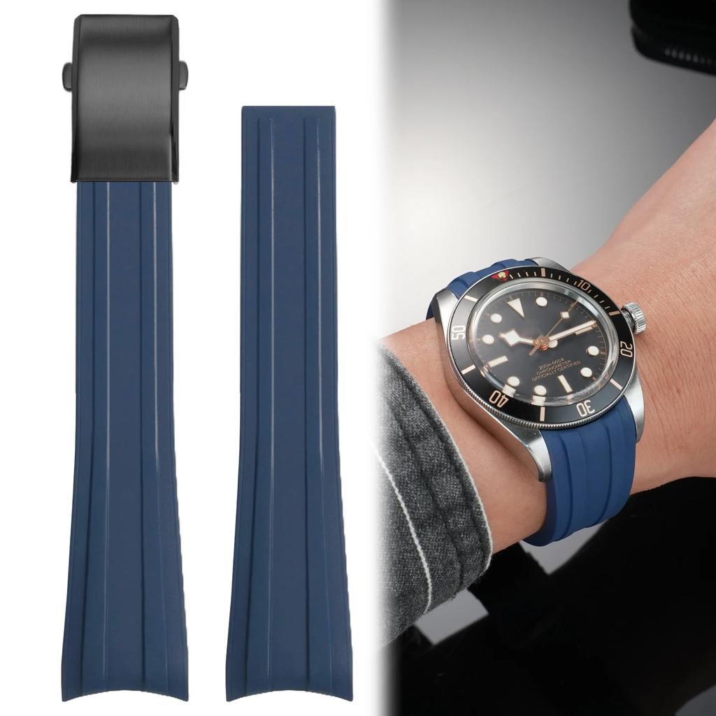 20mm High Quality Curved Fluororubber Strap For Tudor Biwan 39 Dial Black Bay 1958 M79030 Fluororubber Fold Over Clasp Strap