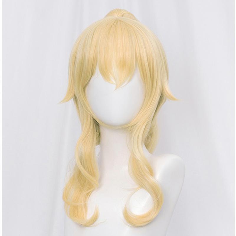 Professional  Jean Cosplay Wig Genshin Impact Blond Curly Ponytail Heat Resistant Synthetic Hair Anime Cosplay Wigs + Wig Cap