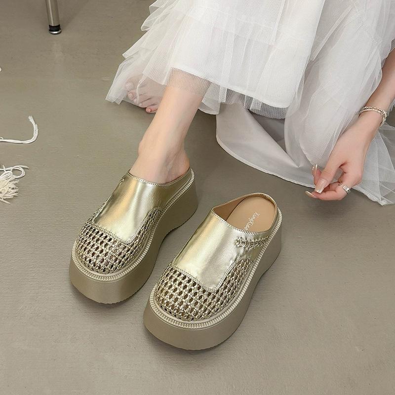 2025 Summer New Outer Wear Temperament Bag Head Slippers Korean Version Fashionable Versatile Thick Bottom Breathable Mesh Half Drag Women