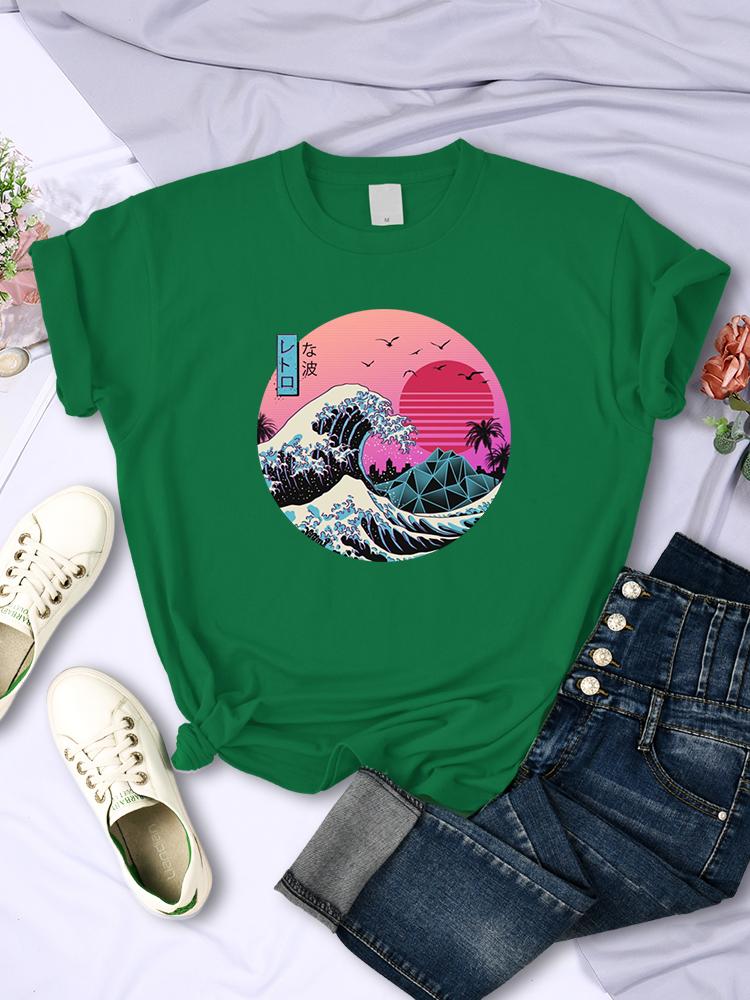 

Ukiyo E Style Big Wave Female Short Sleeve Breathable Casual T-Shirts Fashion Summer Trend Top Soft All-math Womens Tee Clothing 4XL