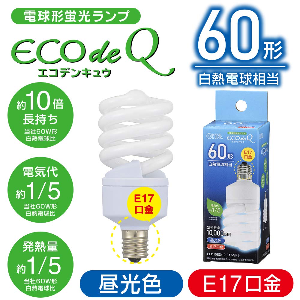 OHM Electric Spiral-type Compact Fluorescent Lamp, E17 Base, 60W Equivalent, Daylight White, EFD15ED12-E17SPB, 06-3775