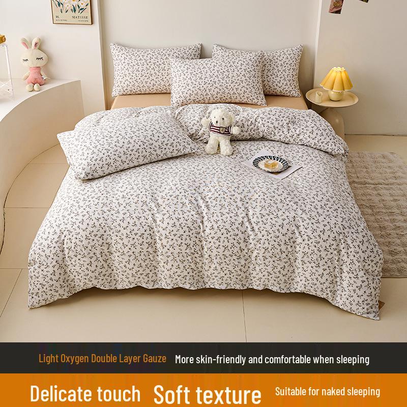 Elegant High-Weight Knit Cotton Floral Four-Piece Bedding Set – Skin-Friendly, Available In Single/Double Sizes.
