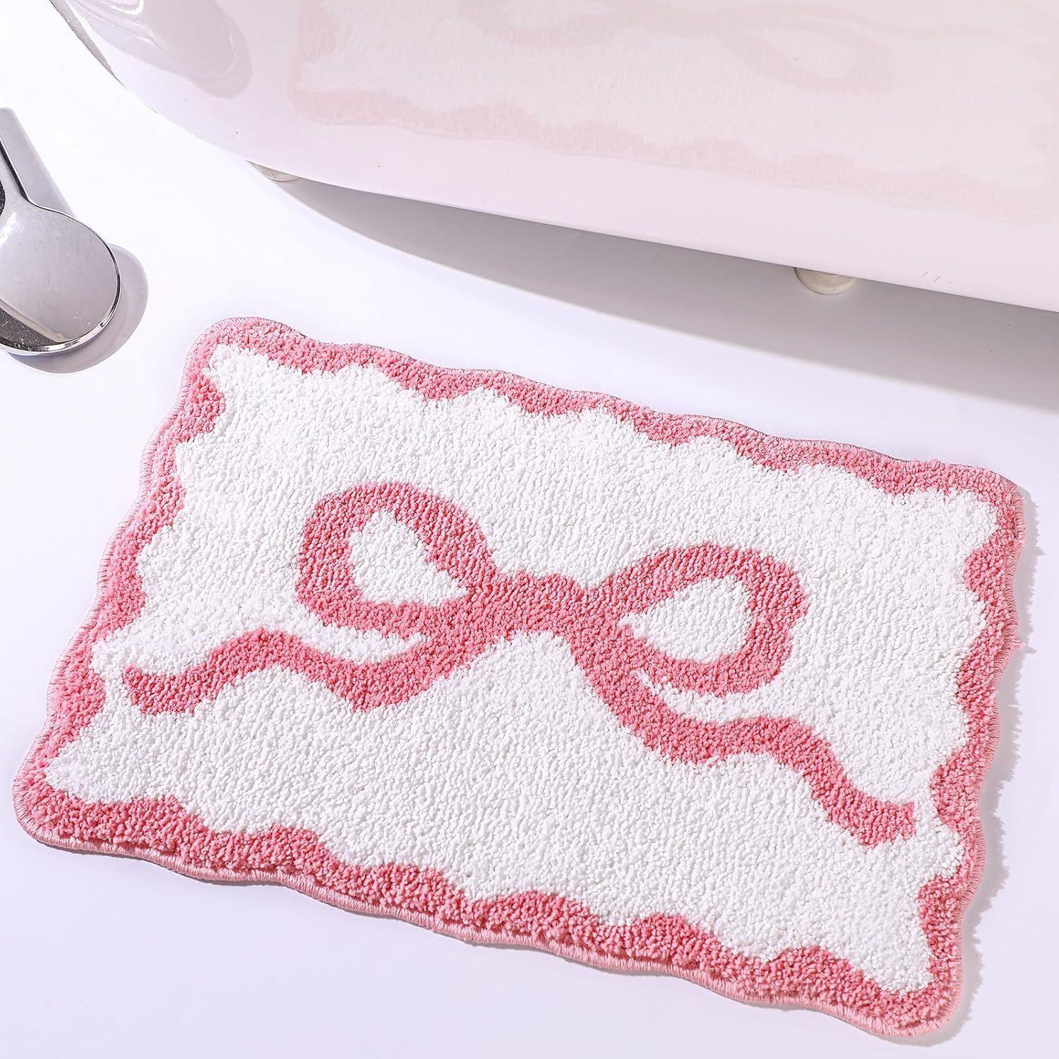 

Bowknot Faux Velvet Bath Mat Cute Soft Easy Cleaning Carpet Water Absorbing Rug Decor For Bedroom Kitchen Bathroom Floor 40X60CM