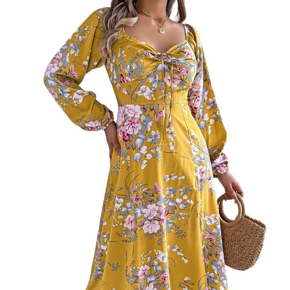 Spring Summer Sexy Tie Knot Floral Long Sleeve Split Dress Women's Dresses Skirt