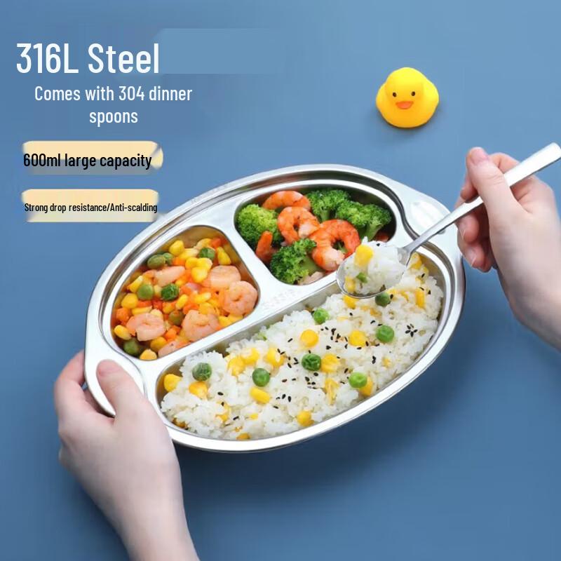 MAXCOOK Kids 3-Compartment 316L Stainless Steel Lunch Plate with Spoon