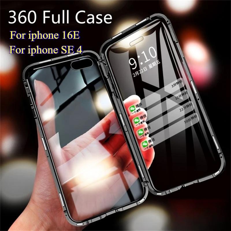 Deksler til iPhone 16E 16 E Magnetisk adsorpsjon Støtsikkert deksel til iPhone SE 4 13 SE4 15 16 Pro Max Full metallramme Dobbeltsidig herdet glassdeksel