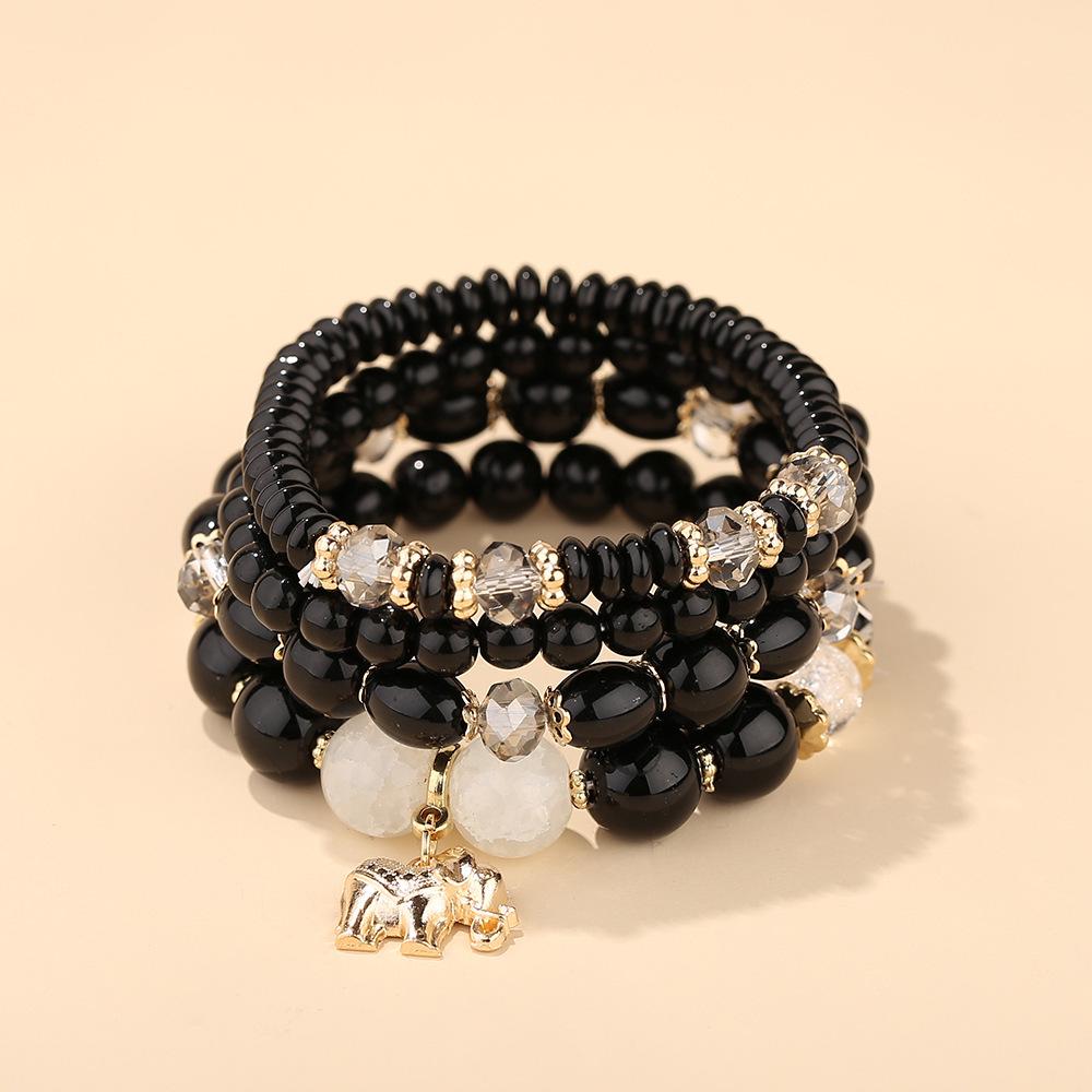 Bohemian Ethnic Style Layered Beaded Bracelet Set with Elephant Pendant and Stackable Crystal Accents
