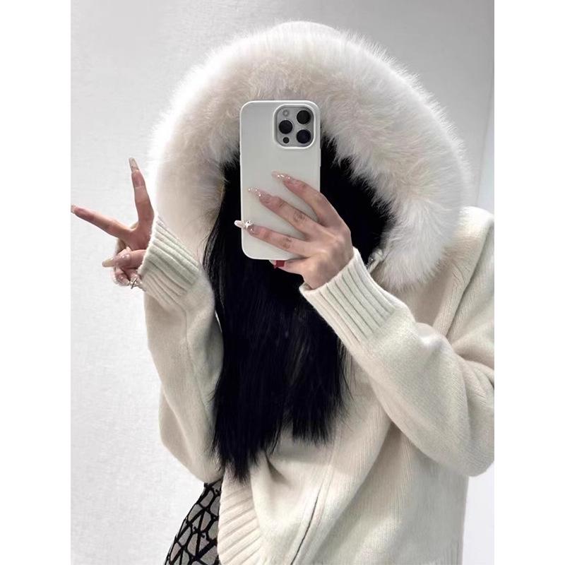 2025 A/W Women's Retro Loose Long Sleeve Knit Cardigan with Fur Collar Hood