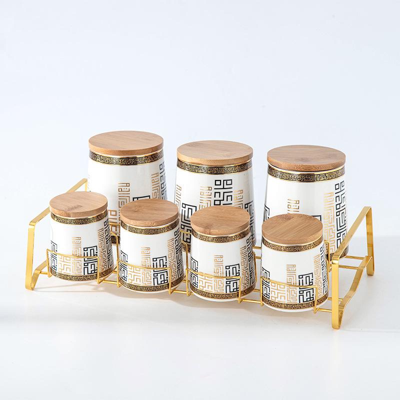 

Кухонные принадлежности Коробка для хранения продуктов, набор из 7 предметов, цельнозерновые керамические герметичные банки, контейнер для хранения с деревянной крышкой, домашний органайзер для хранения белый