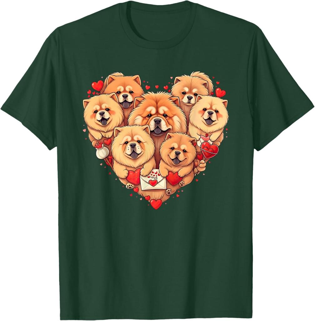 Chow Chow Heart Valentine Dogs Graphic Tee Short Sleeve Crewneck Casual Cotton T-Shirt for Men Women
