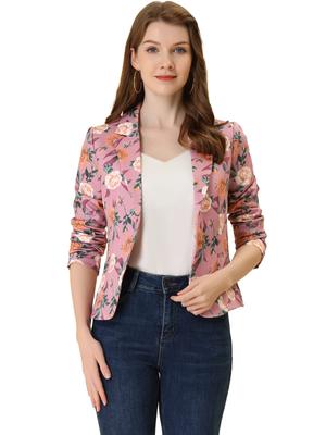 Allegra K Damen Lila Floral Print Blazer Jacke, Langarm, Print, Revers mit Kerbe, Offene Vorderseite, Kurze Länge, Größe XL