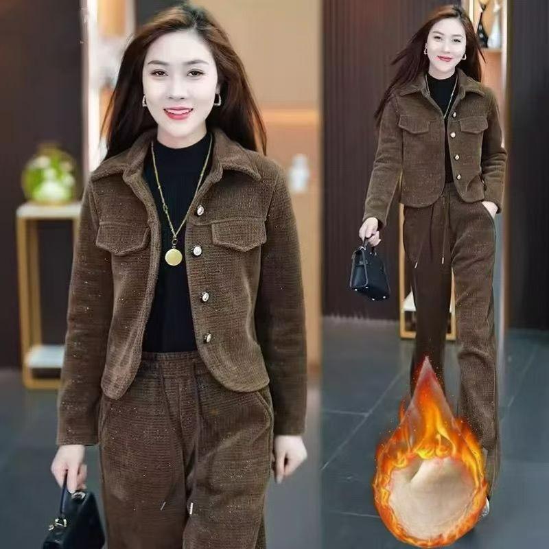 Fashion Plus Velvet Thickened Suit Women's Autumn and Winter Western Style Thin Short Jacket Casual Sports Two-piece Suit