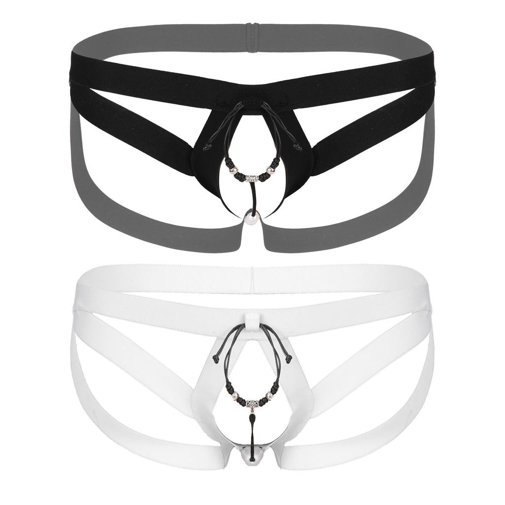 Mens Beaded Strappy Thong Underwear Low-Rise Hollow Out G-String Crotchless Lingerie Bold Design Sensual Clubwear