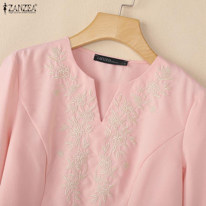 ZANZEA Women Casual Embroidery V-Neck Loose 3/4 Sleeve Blouse