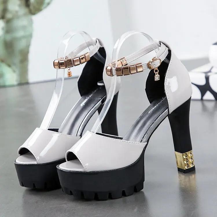 Moda Damskie Czółenka Wiosna Lato Cyrkonie 11,5 cm Wysokie Obcasy Buty Platforma Grube Obcasy Sandały Platforma Pasek na Kostkę Buty Damskie