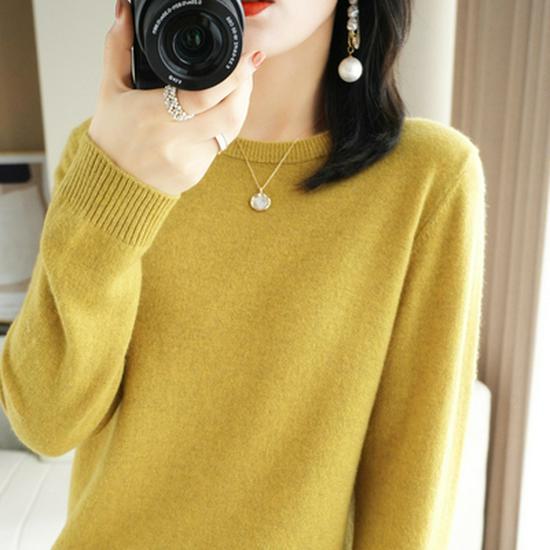 

Модный женский шерстяной свитер: Свободный крой, круглый вырез, идеально подходит для осени и зимы. L горчичный/жёлтый