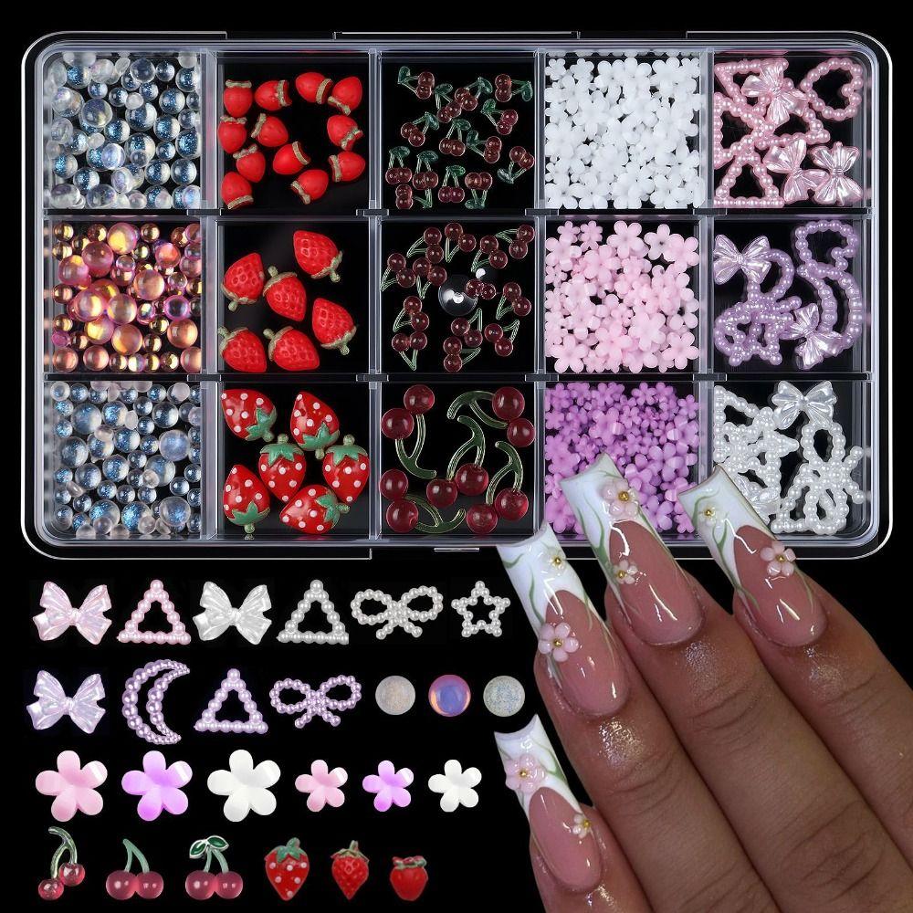 15Grids/Box Resin Nail Rhinestones Mixed Bowknot Pearl Heart Nail Art Decorations  DIY