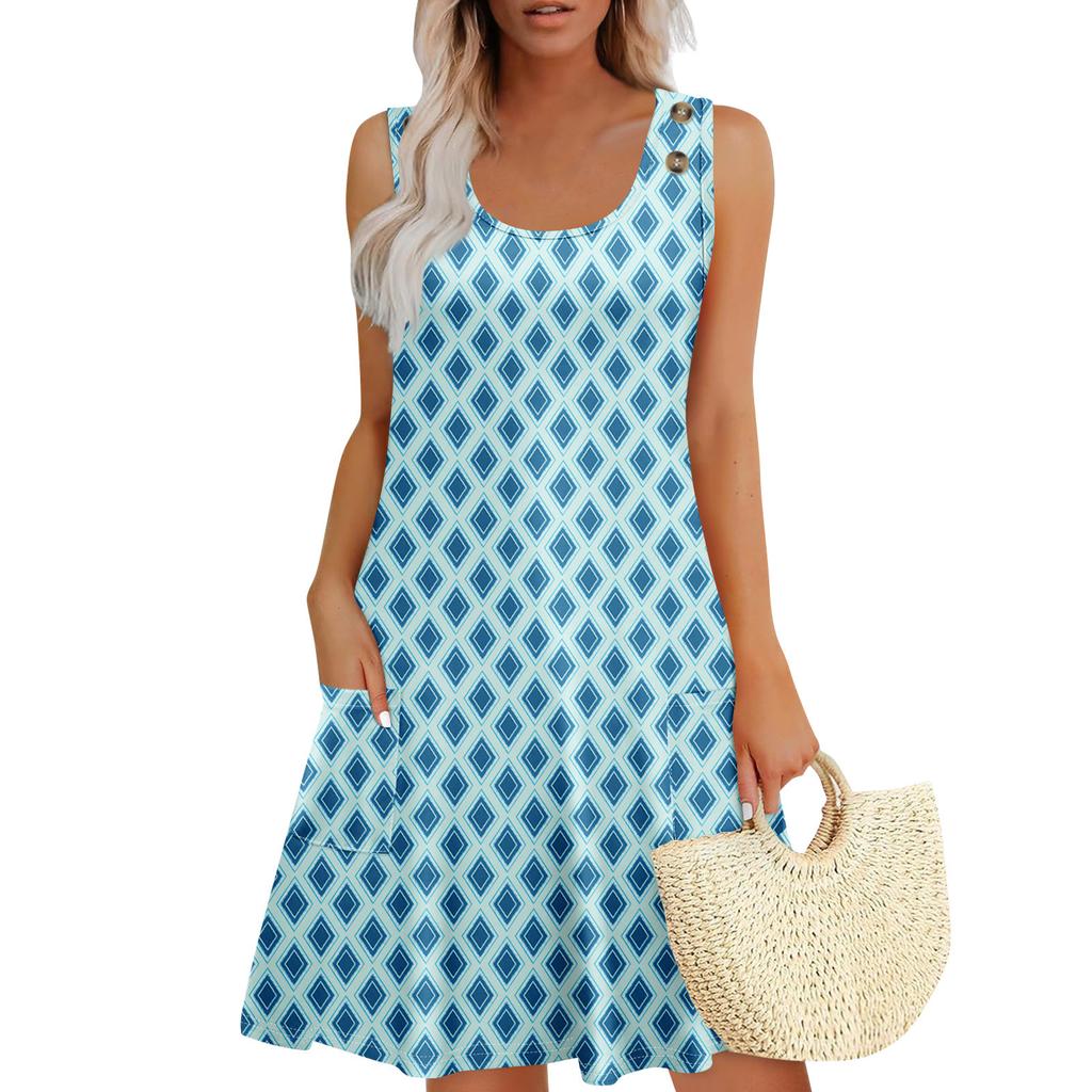 Summer Dresses For Women Beach Boho Sleeveless Printing Flowy Pocket Tshirt Tank Sundresses