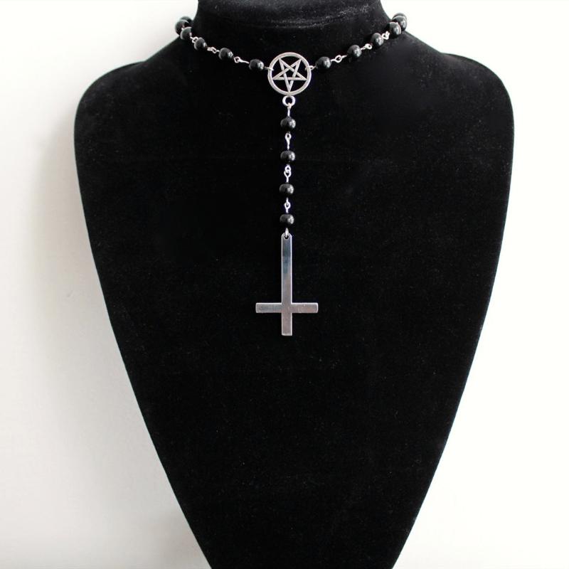 Rosary Necklace Gothic Inverted Cross Pendant Pagan Mysterious Silver Pentagram