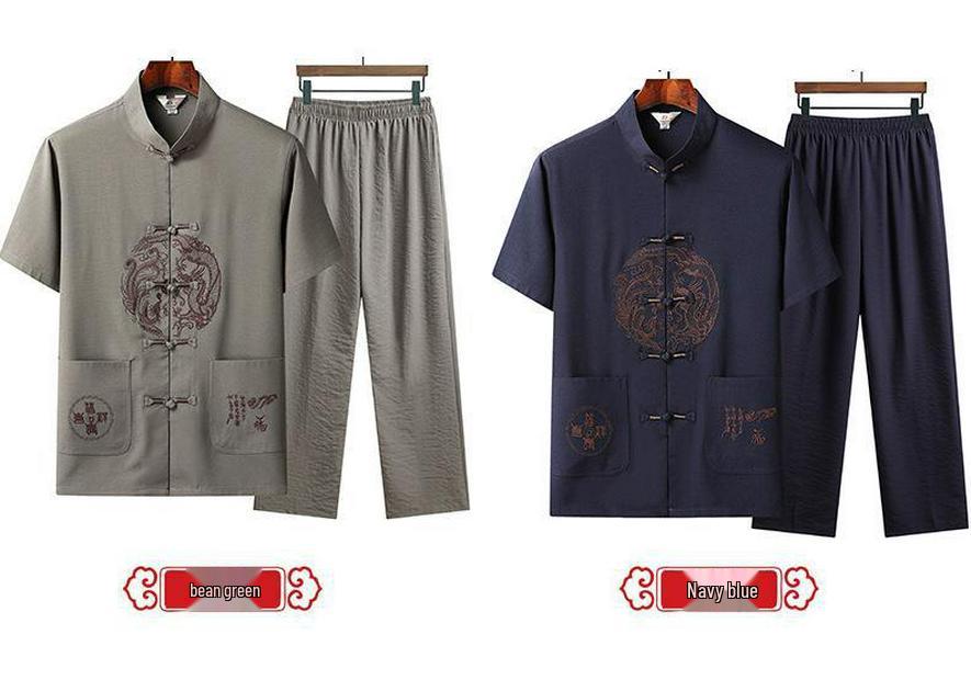 Men's Summer Ice Silk Tang Suit: Thin Retro Hanfu Set with Frog Button Embroidery for Middle-Aged and Elderly.