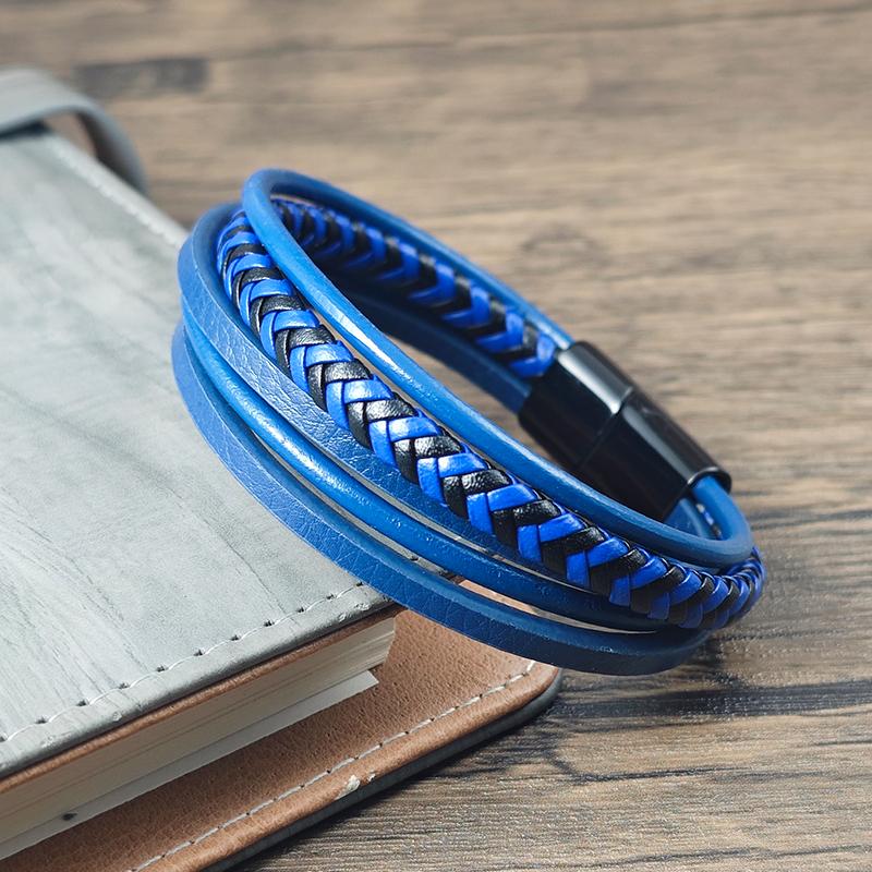 Men Bracelet Vintage Multilayer Blue Leather Stainless Steel Charm Wrist Bangle Luxury Male Jewelry Birthday Anniversary Gift