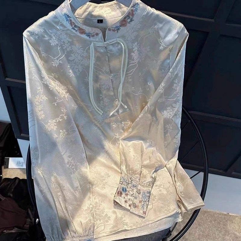 Women's 2024 National Style Jacquard Top: Spring/Autumn Stand Collar High-End Shirt