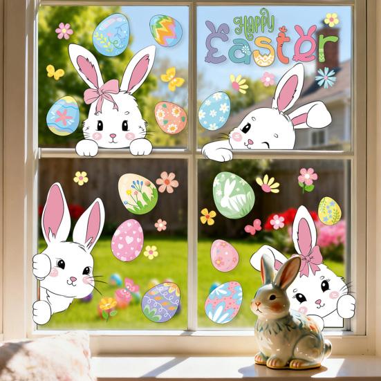 6 Sheets Easter Bunny Window Cling Removable Waterproof PVC Flower Colorful Egg Rabbit Static Glass Sticker Spring Easter Holiday Decoration Decal