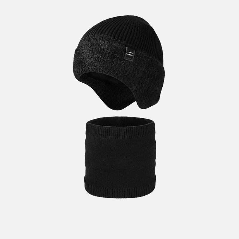 Winter Ear Face Protection Velvet Knitted Hat Scarf Kit Men's Winter Outdoor Warm Hat Two-Piece Set