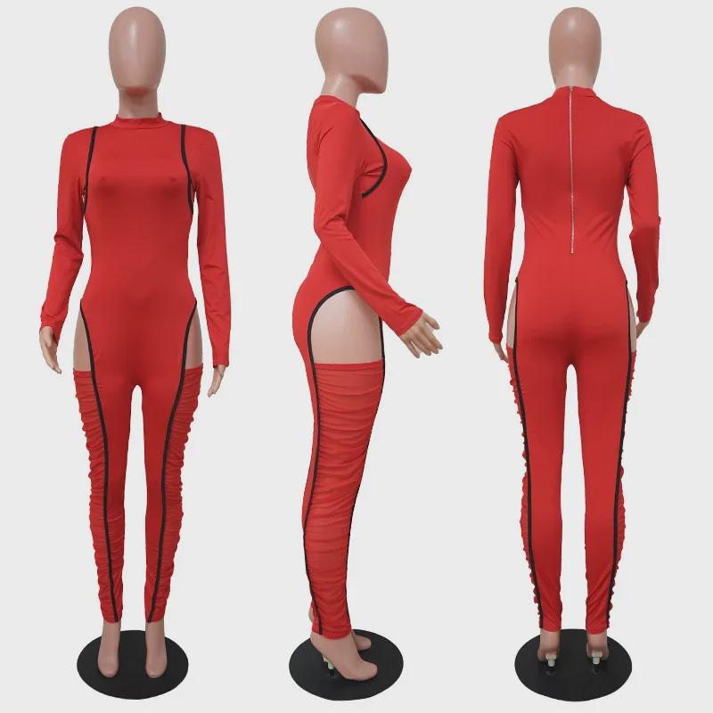 K9790 Sexy Contrast Color Mesh Splicing Jumpsuit for European and American Fashion