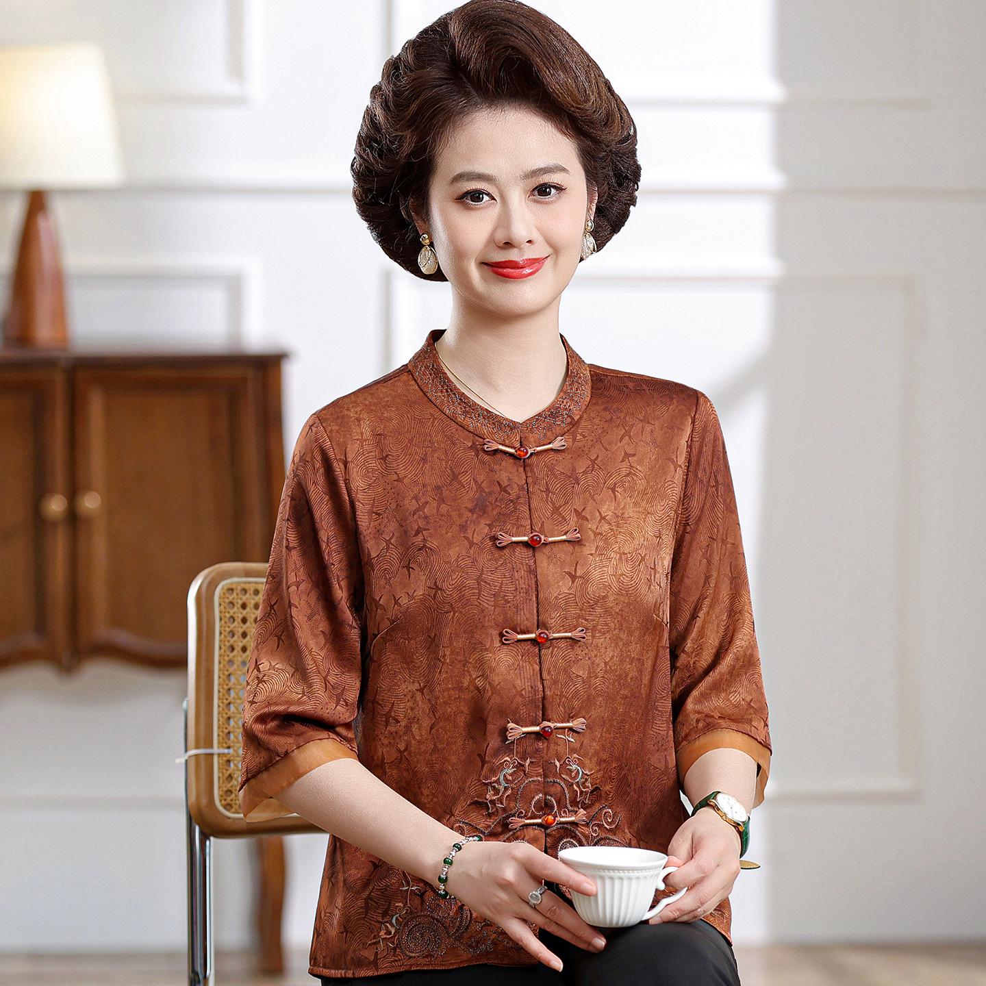 

Women s Chinese Style Mulberry Silk Short-Sleeve Shirt - Spring & Summer Collection for Middle-Aged and Elderly 5XL (recommended for 75-82.5 kg) жёлтый