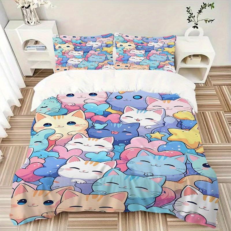 3pcs Cats Pastel Bedding Cover Set, Fashion Classic Popular Print Bedding Set, Soft Comfortable, All Season Use, For Bedroom, Guest Rooma0819139