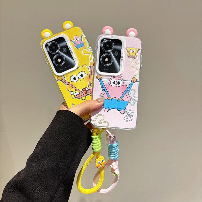 KEYSION Cute Ear Cartoon Case for OPPO A79 5G with Lanyard Soft Silicone+PC Shockproof Phone Back Cover for OPPO A79 5G