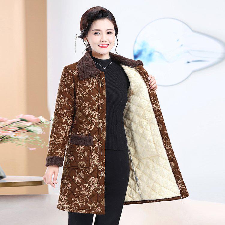 Floral Cotton-Padded Jacket with Fleece for Middle-Aged and Elderly Women - Mid-Length Winter Coat