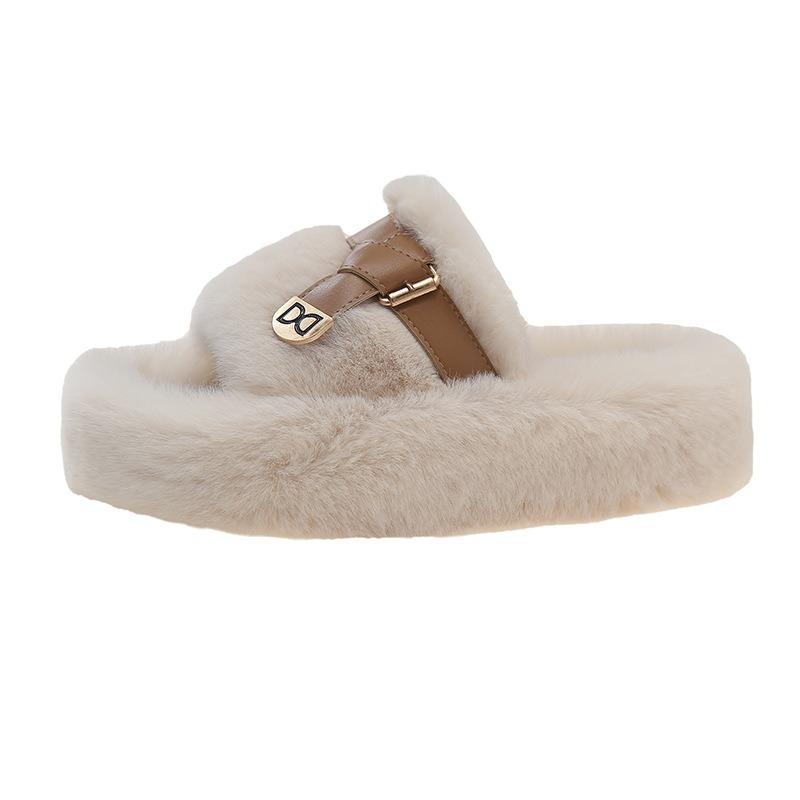 Thick-soled Wool Slippers Women's Autumn and Winter Outer Wear Gentle Fluffy Shoes One-word Drag Design Sense Large Size Plush Drag