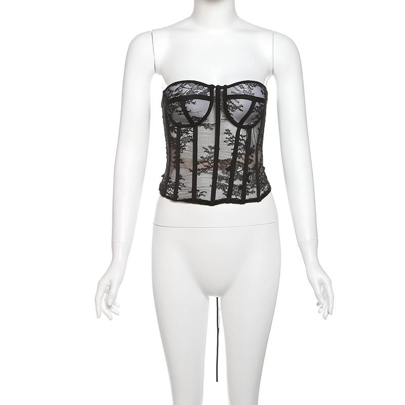 Top Corset Tomara-que-caia de Renda Transparente Feminino, Bustier Liso Com Baleias Para Streetwear & Festa