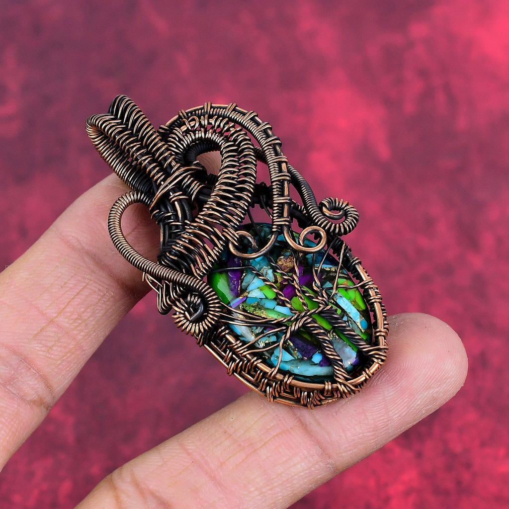 Tree of Life Fiesta Kingman Turquoise Pendant Copper Wire Wrapped Pendant Multi Copper Turquoise Gemstone Pendant Handmade Jewelry for Gifts