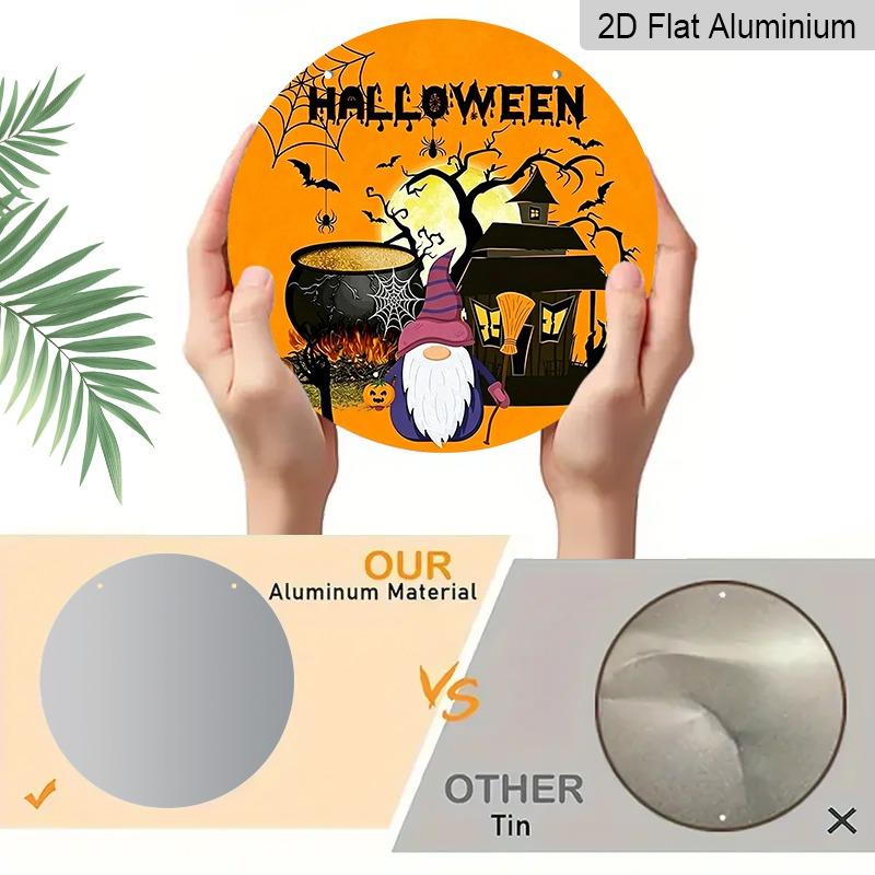 2D Flat Aluminum Decorative Plaques and Ornaments Sign, Halloween Hanging Plaque with Witch Gnome, Haunted House, Cauldron, Pumpkin and Bat Design
