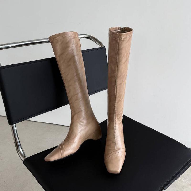 Autumn and winter leather Martin boots solid color versatile low heel square heel large size women's boots cowhide square head new high boots women