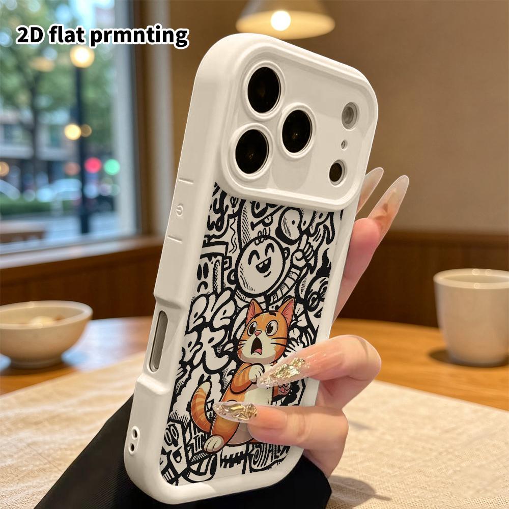 Phone case: 2D flat design suitable for iPhone 18 17 16 15 14 13 Pro tiered protective case, surprised orange cat, Christmas and Halloween gift